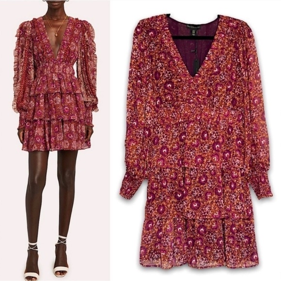 House of Harlow 1960 paisley floral balloon sleeve tired ruffle mini